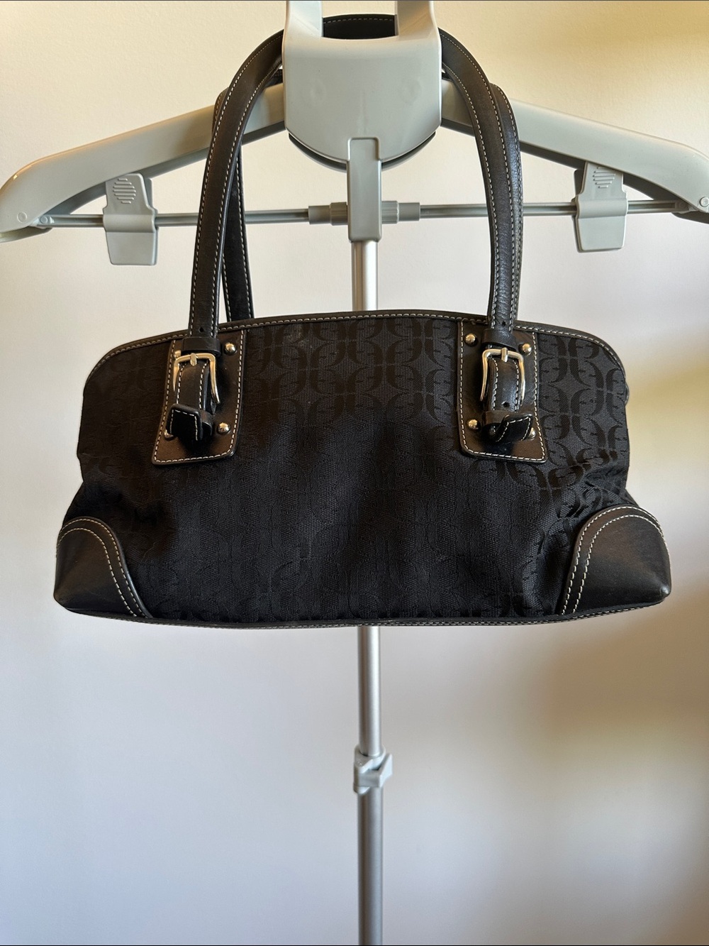 Fossil Black Jacquard Shoulder Bag with Buckle Straps